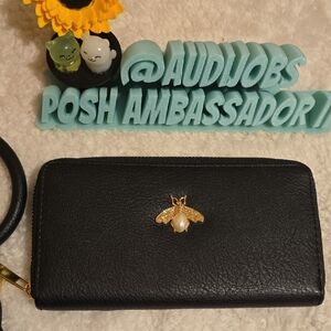 Black Leather Wallet with Gold Bee Accent EUC